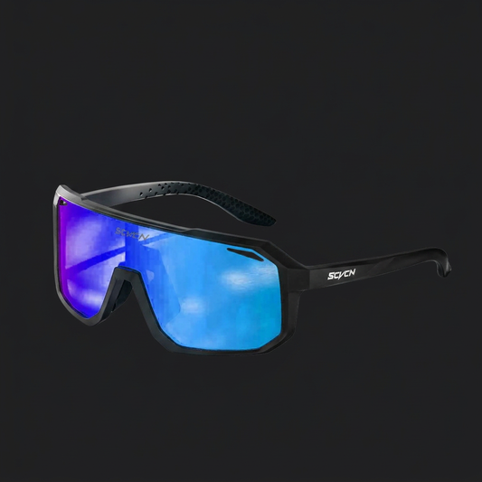 SCVCN cycling sunglasses with blue-purple lenses on a dark charcoal background