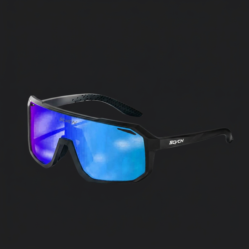 SCVCN cycling sunglasses with blue-purple lenses on a dark charcoal background